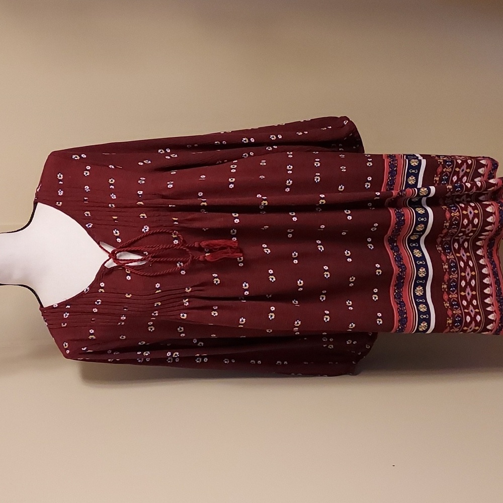 Umgee Burgundy Mini Dress with Patterned Hem